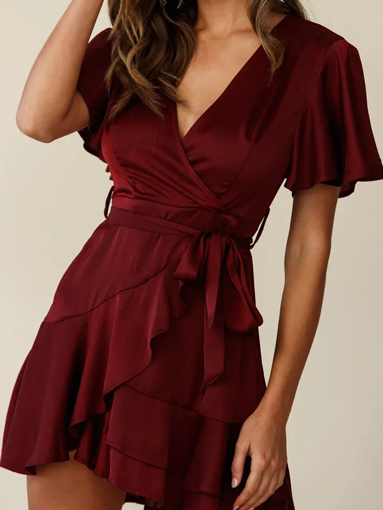 Cami Angel Sleeve Faux Wrap Dress Wine 4