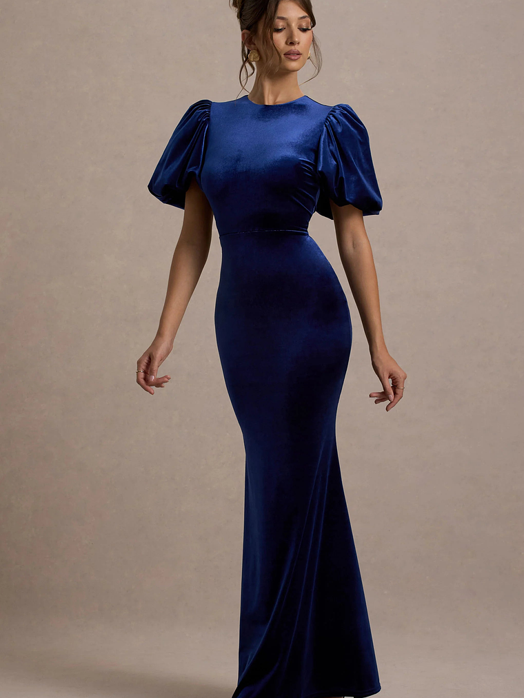 Ashlin | Navy Velvet Puff-Sleeve Maxi Dress 4
