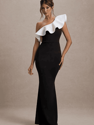 Berkley | Black & White Ruffled One-Shoulder Maxi Dress