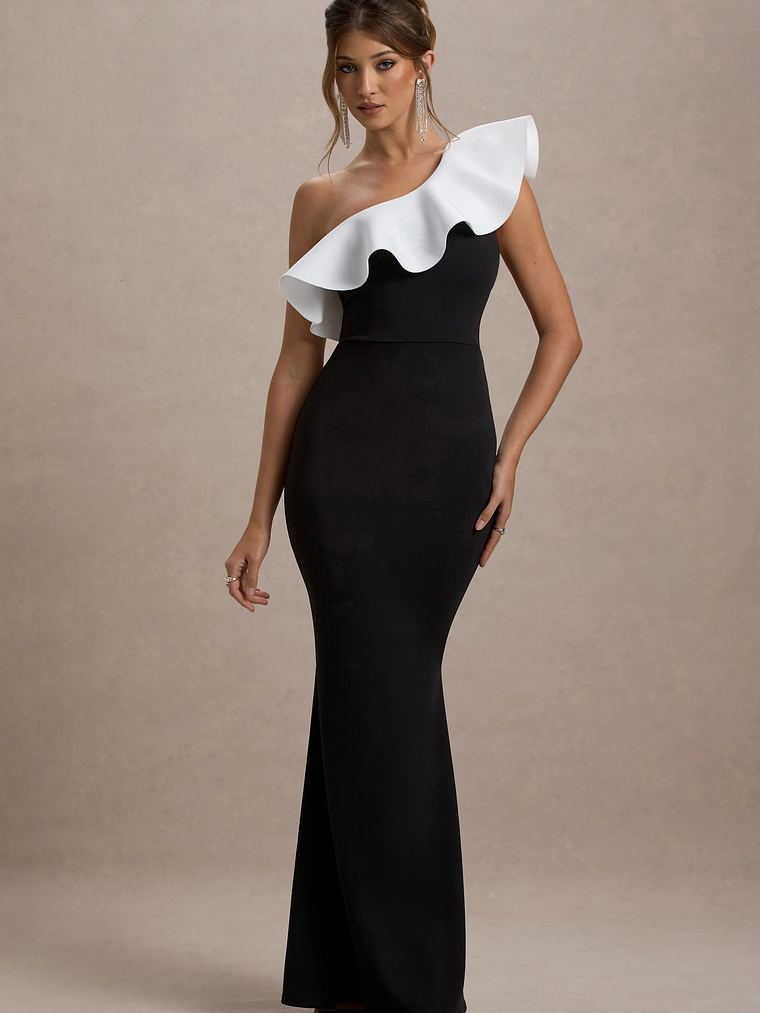 Berkley | Black & White Ruffled One-Shoulder Maxi Dress 1