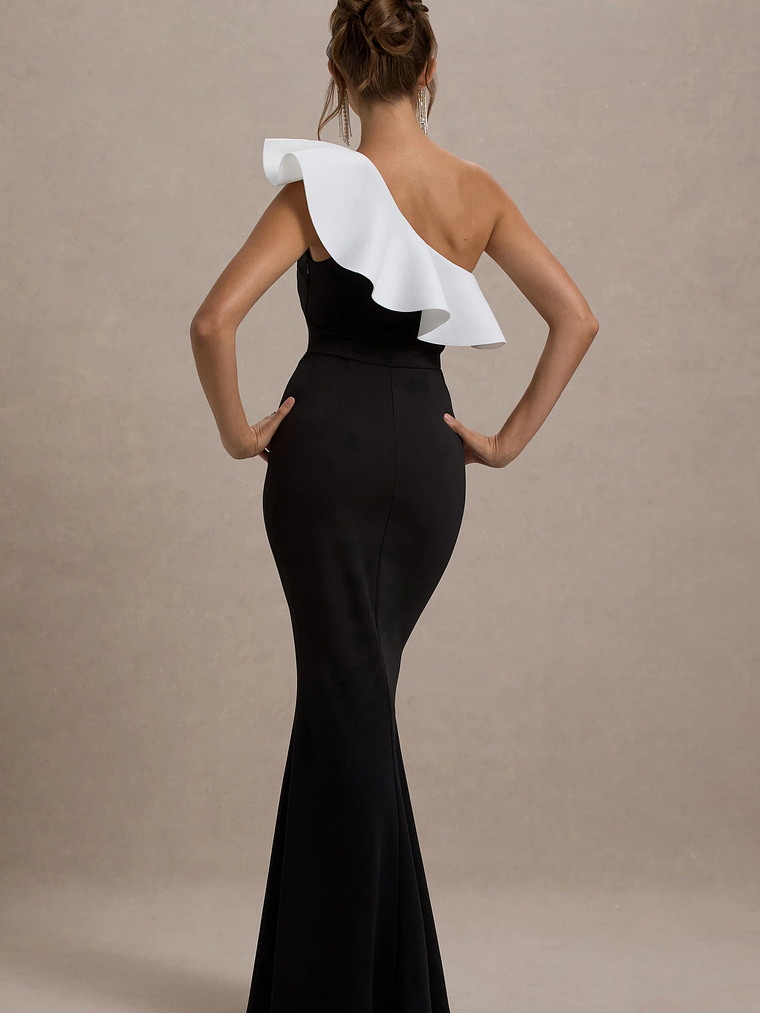 Berkley | Black & White Ruffled One-Shoulder Maxi Dress 2