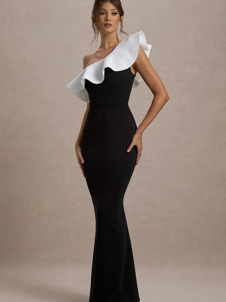 Berkley | Black & White Ruffled One-Shoulder Maxi Dress 4