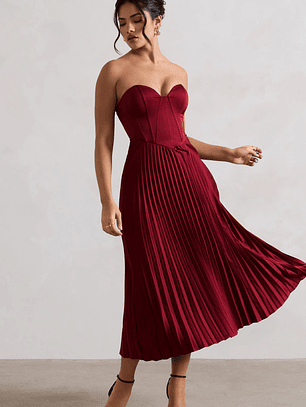 Bordeaux | Berry Satin Corset Style Midi Dress