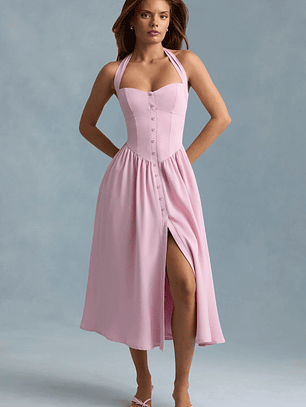 Button-Detail Halterneck Midaxi Dress in Soft Pink