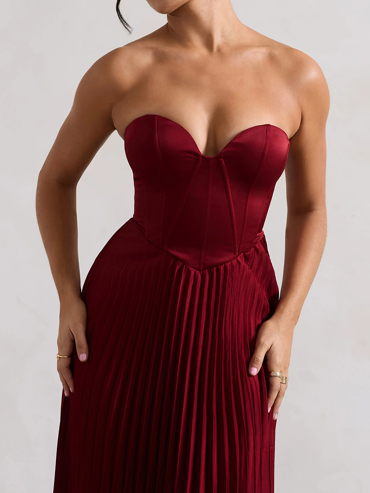 Bordeaux | Berry Satin Corset Style Midi Dress 3