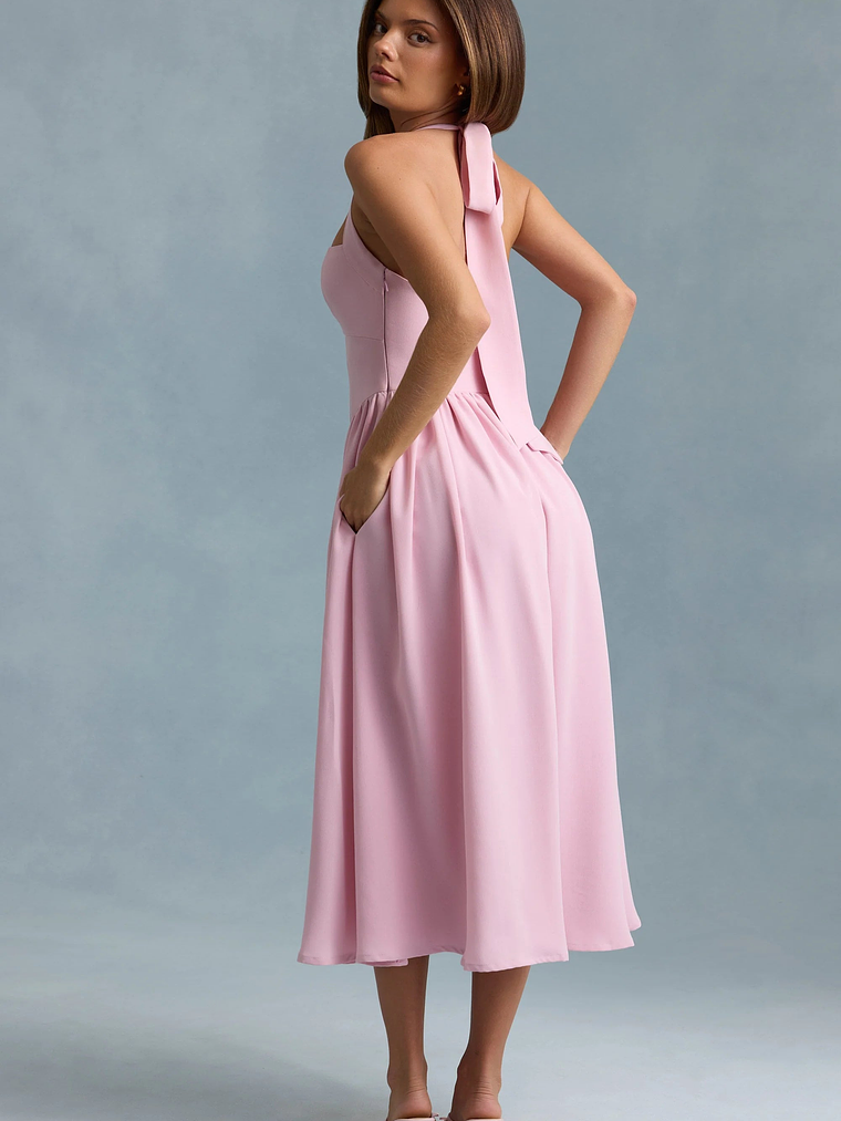 Button-Detail Halterneck Midaxi Dress in Soft Pink 2