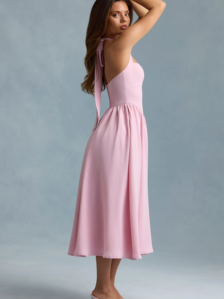 Button-Detail Halterneck Midaxi Dress in Soft Pink 3