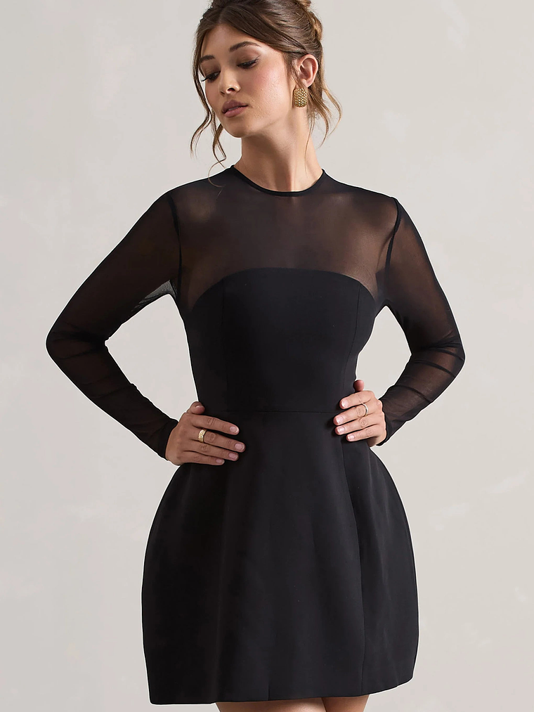 Austen | Black Mesh Long-Sleeve Mini Dress 1