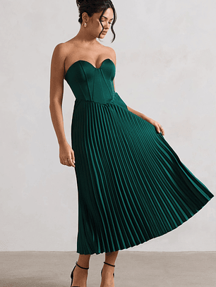 Bordeaux | Green Satin Corset Style Midi Dress