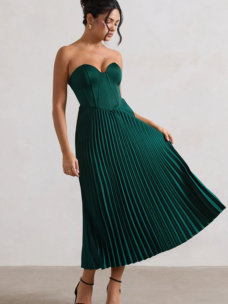 Bordeaux | Green Satin Corset Style Midi Dress 1