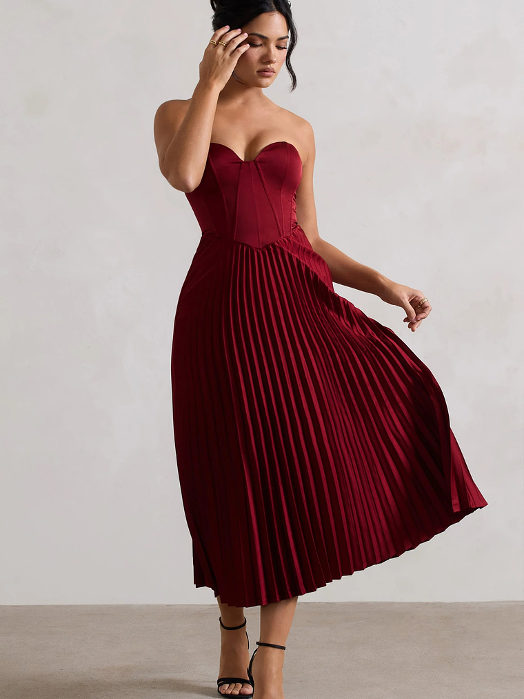 Bordeaux | Berry Satin Corset Style Midi Dress 5