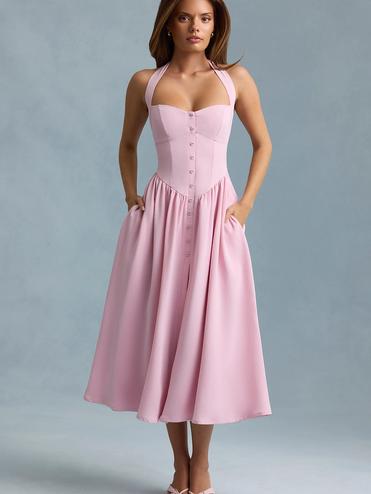 Button-Detail Halterneck Midaxi Dress in Soft Pink 5