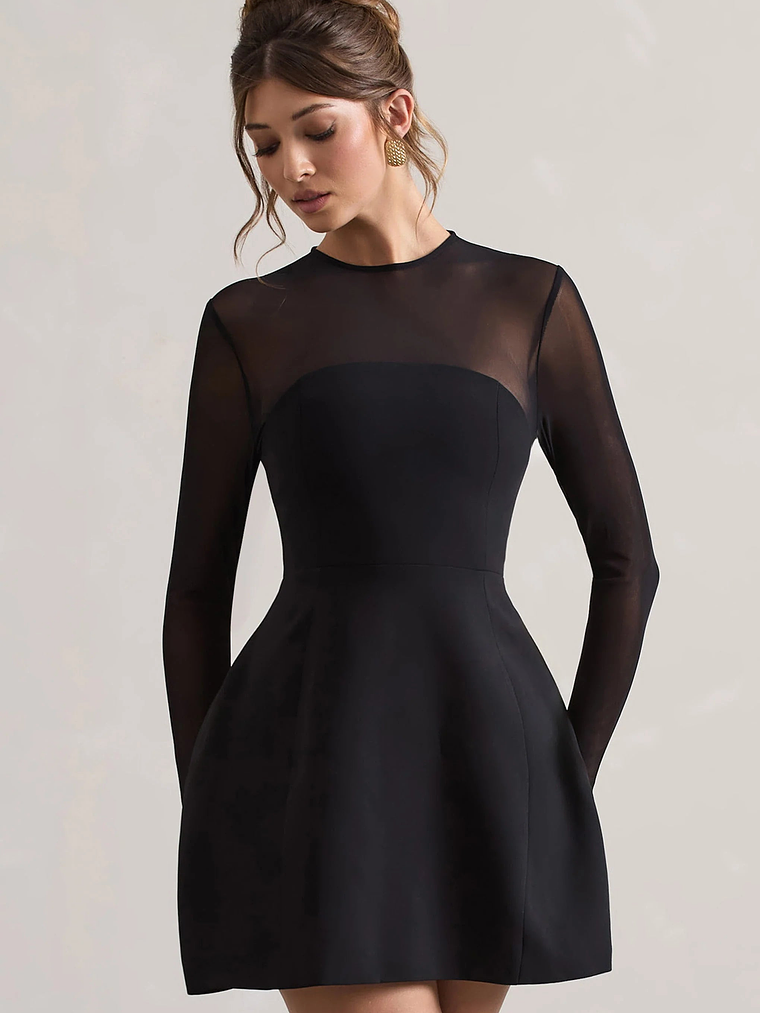 Austen | Black Mesh Long-Sleeve Mini Dress 4