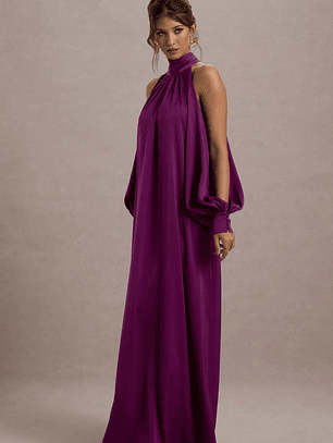 Baila | Mulberry Satin High-Neck Cape-Sleeve Maxi Dress