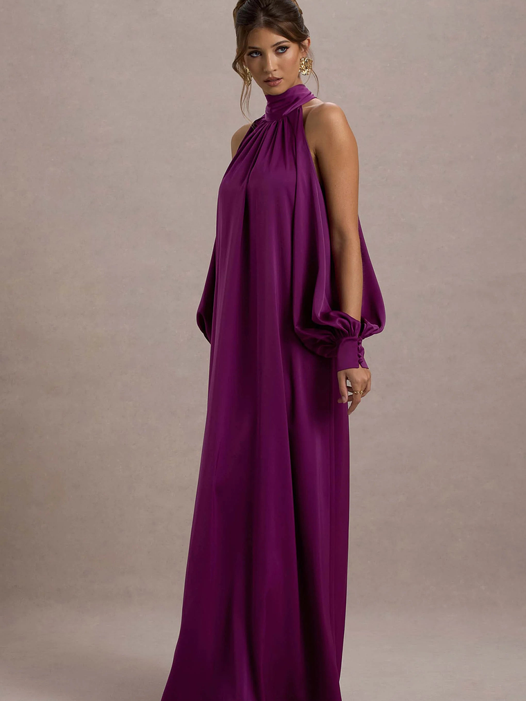 Baila | Mulberry Satin High-Neck Cape-Sleeve Maxi Dress 1