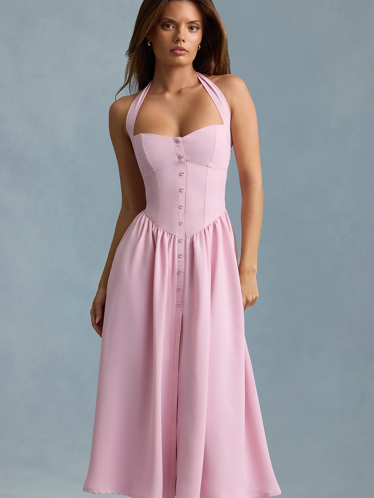 Button-Detail Halterneck Midaxi Dress in Soft Pink 7