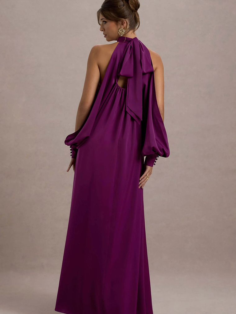 Baila | Mulberry Satin High-Neck Cape-Sleeve Maxi Dress 2