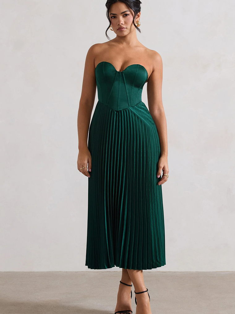 Bordeaux | Green Satin Corset Style Midi Dress 5