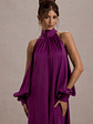 Baila | Mulberry Satin High-Neck Cape-Sleeve Maxi Dress - thumbnail 3