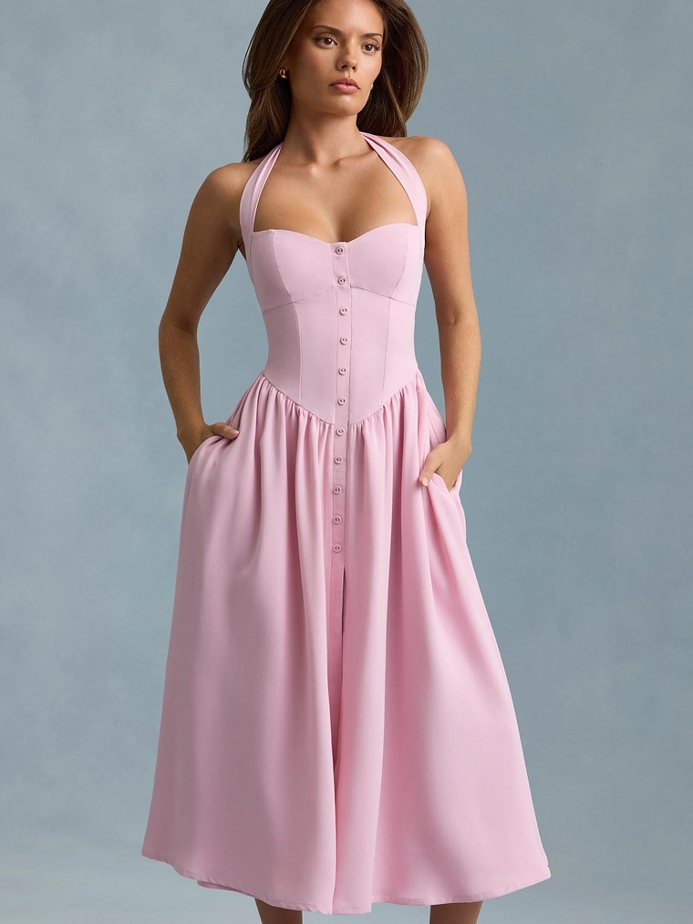 Button-Detail Halterneck Midaxi Dress in Soft Pink 8