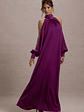 Baila | Mulberry Satin High-Neck Cape-Sleeve Maxi Dress - thumbnail 4
