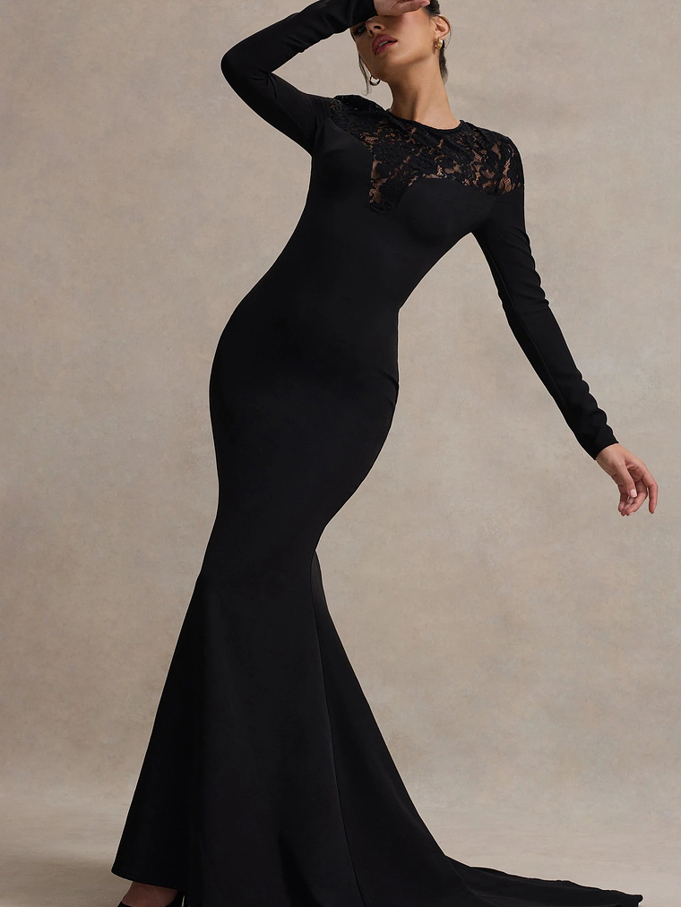 Campbell | Black Long-Sleeve Maxi Dress With Lace Detail 1