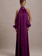 Baila | Mulberry Satin High-Neck Cape-Sleeve Maxi Dress - thumbnail 5