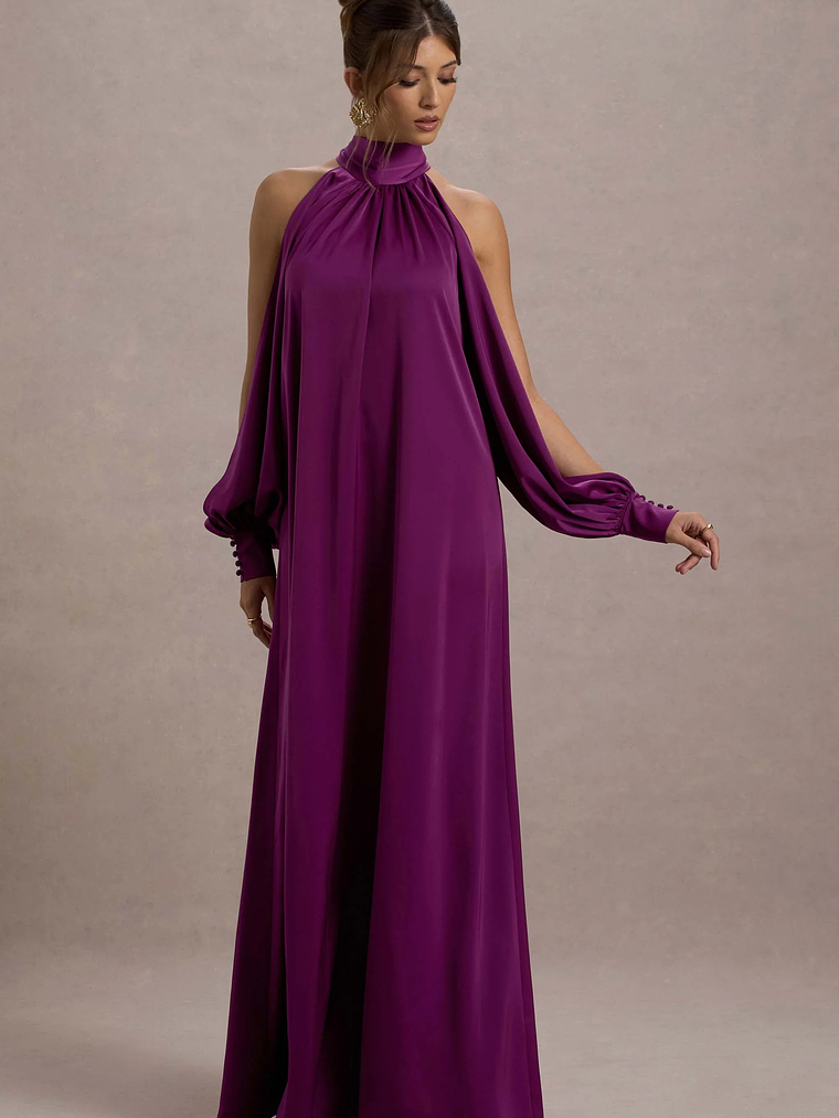 Baila | Mulberry Satin High-Neck Cape-Sleeve Maxi Dress 6