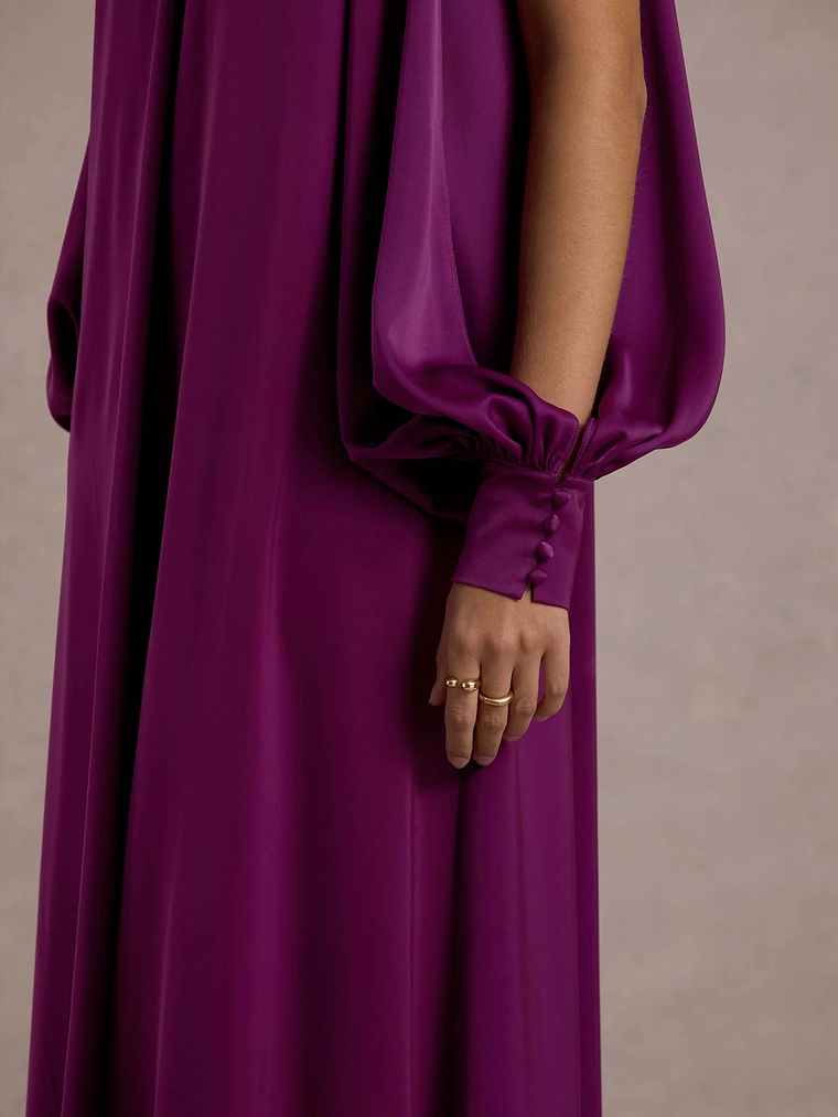 Baila | Mulberry Satin High-Neck Cape-Sleeve Maxi Dress 7