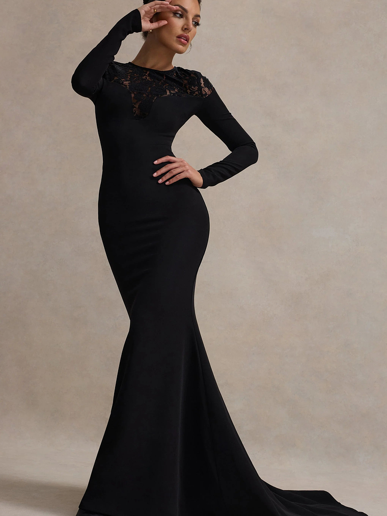 Campbell | Black Long-Sleeve Maxi Dress With Lace Detail 3