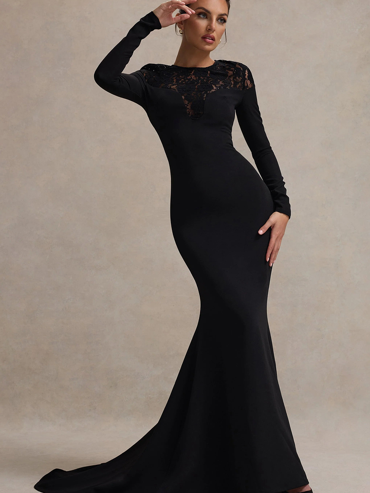 Campbell | Black Long-Sleeve Maxi Dress With Lace Detail 4