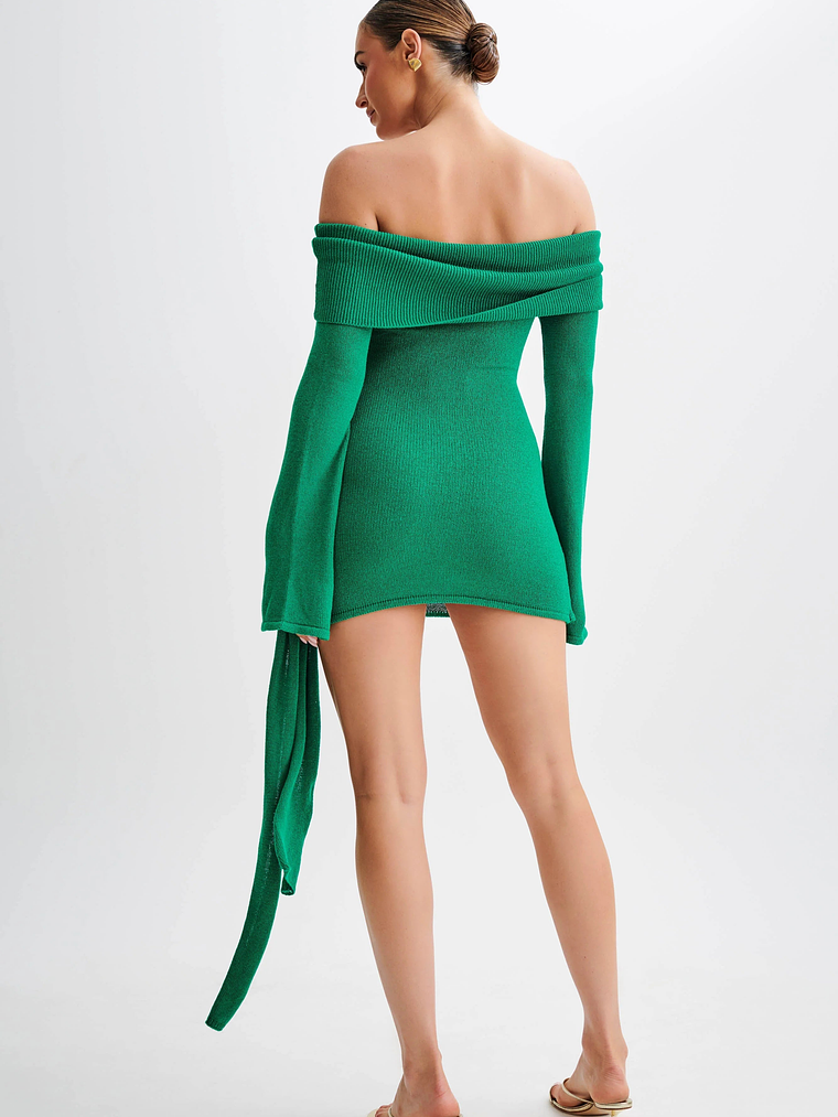 Camryn Off Shoulder Tie Knit Mini Dress - Green 2