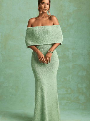 Bouclé Off-Shoulder Maxi Dress in Mint