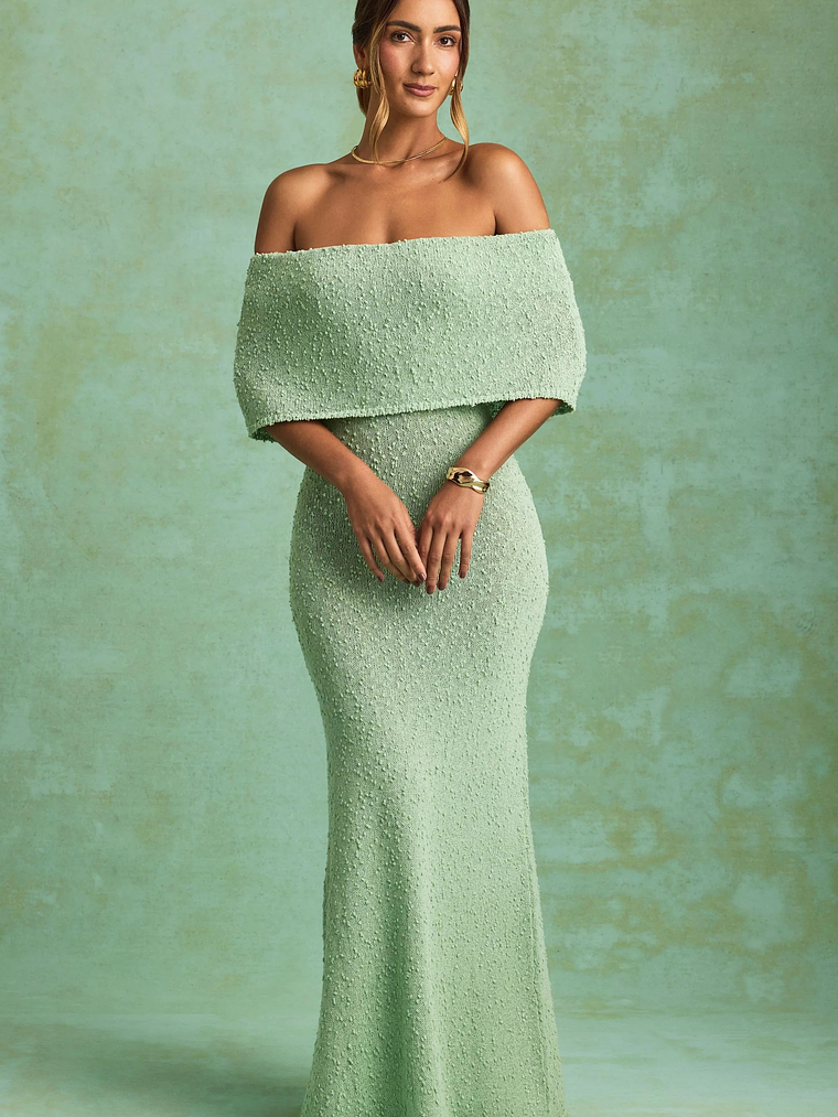 Bouclé Off-Shoulder Maxi Dress in Mint 1