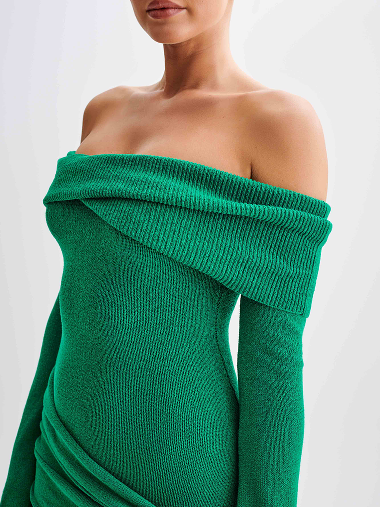Camryn Off Shoulder Tie Knit Mini Dress - Green 3