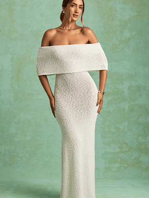 Bouclé Off-Shoulder Maxi Dress in White