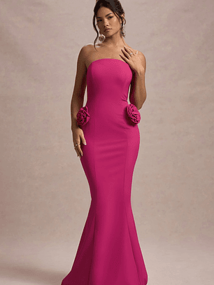Best Of The Best | Dark Pink Strapless Fishtail Maxi Dress With Corsages