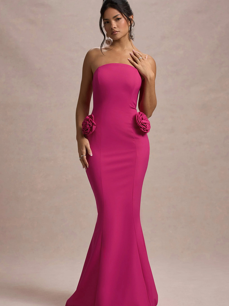 Best Of The Best | Dark Pink Strapless Fishtail Maxi Dress With Corsages 1