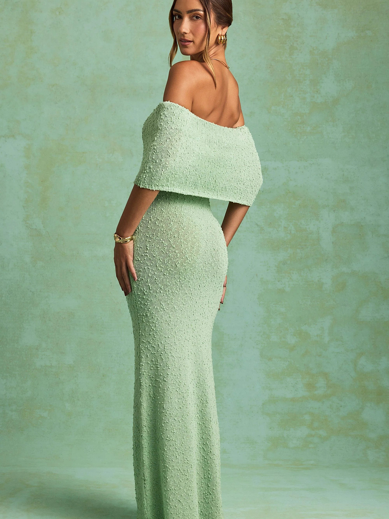 Bouclé Off-Shoulder Maxi Dress in Mint 2