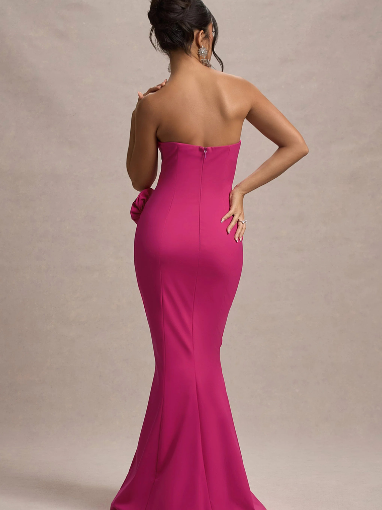 Best Of The Best | Dark Pink Strapless Fishtail Maxi Dress With Corsages 2