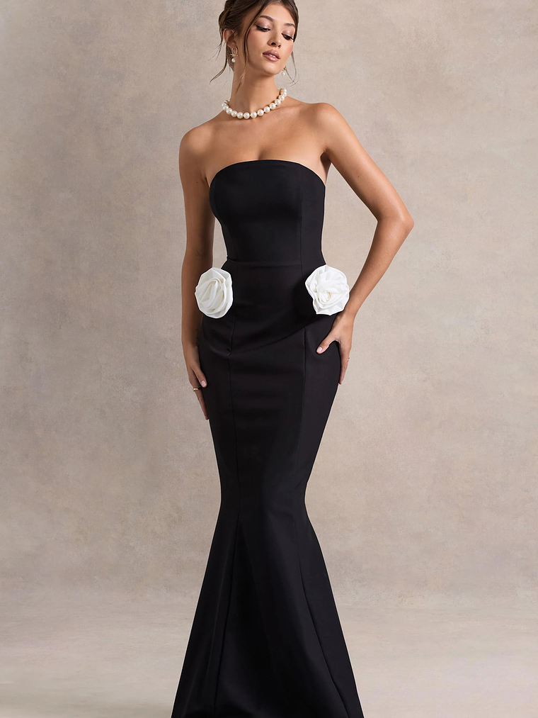 Best Of The Best | Black Strapless Fishtail Maxi Dress With Corsages 5