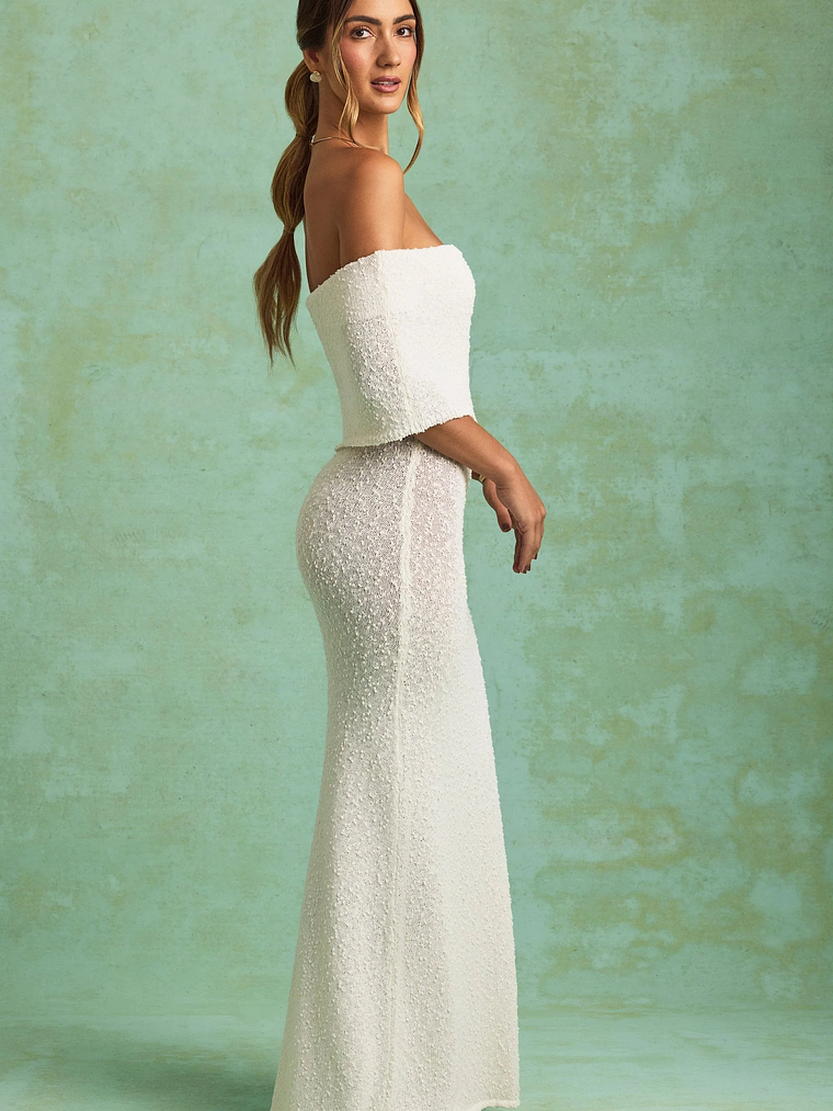 Bouclé Off-Shoulder Maxi Dress in White 3