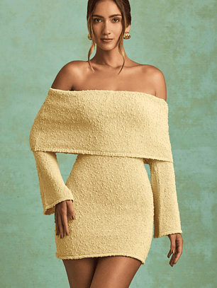 Bouclé Off-Shoulder Mini Dress in Yellow