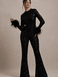 Asteroid | Black Sequin Long-Sleeve Jumpsuit With Feather Cuffs - thumbnail 1