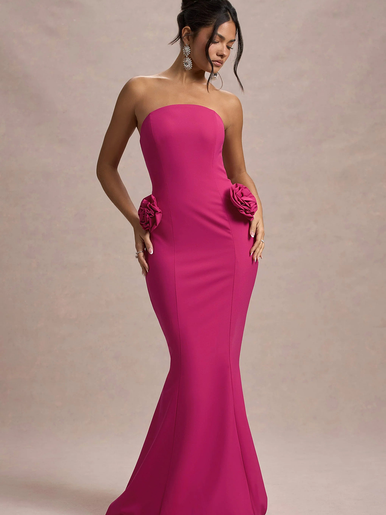 Best Of The Best | Dark Pink Strapless Fishtail Maxi Dress With Corsages 4