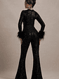 Asteroid | Black Sequin Long-Sleeve Jumpsuit With Feather Cuffs - thumbnail 2