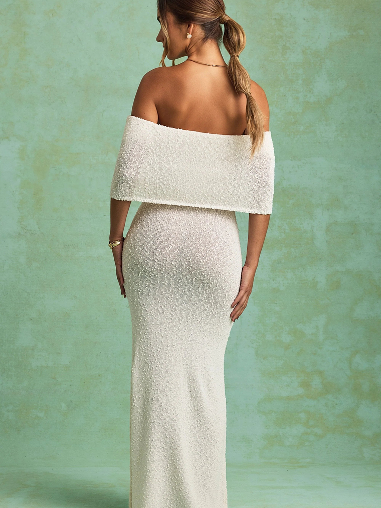 Bouclé Off-Shoulder Maxi Dress in White 5