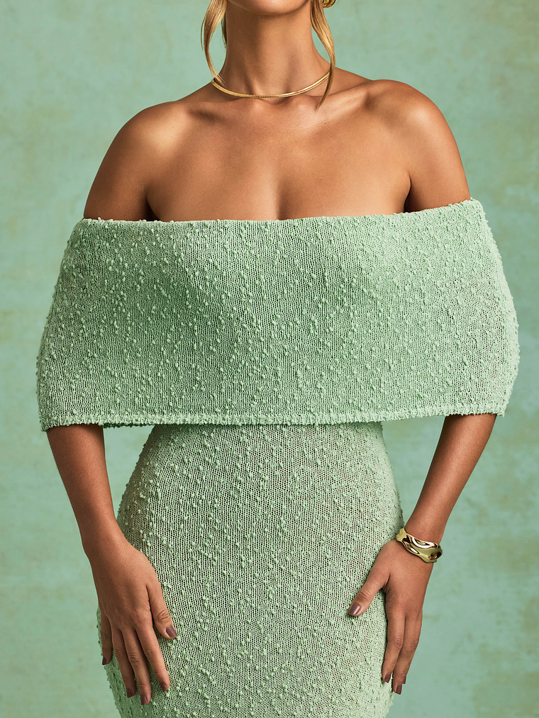 Bouclé Off-Shoulder Maxi Dress in Mint 4