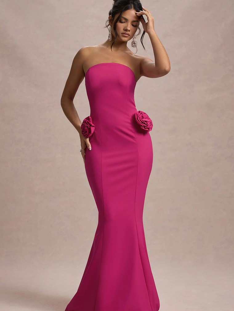 Best Of The Best | Dark Pink Strapless Fishtail Maxi Dress With Corsages 5