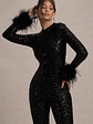 Asteroid | Black Sequin Long-Sleeve Jumpsuit With Feather Cuffs - thumbnail 3